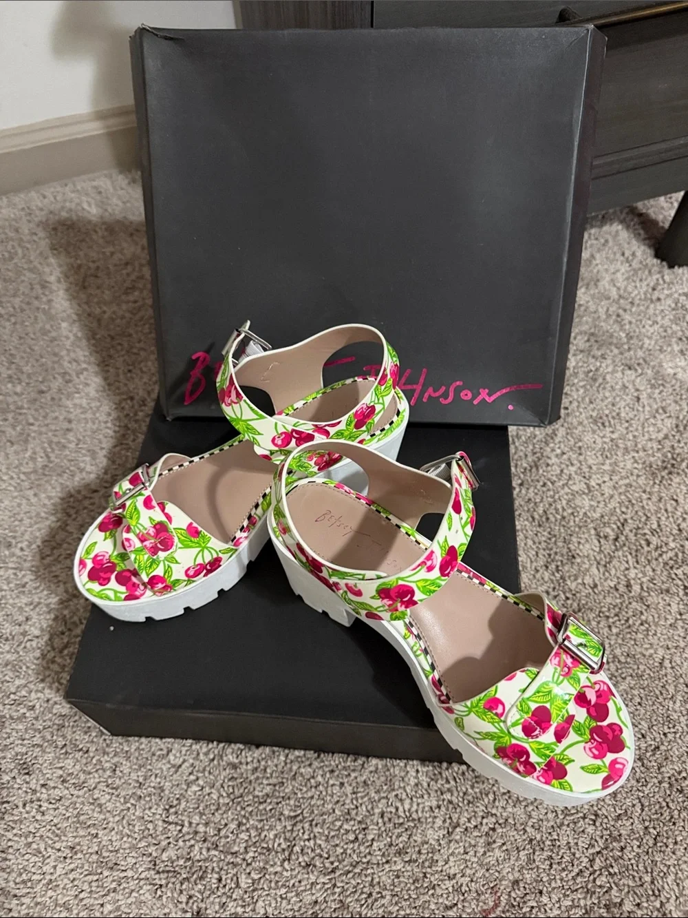 Betsey Johnson White Platform Sandals with Pink & Green Cherry Print